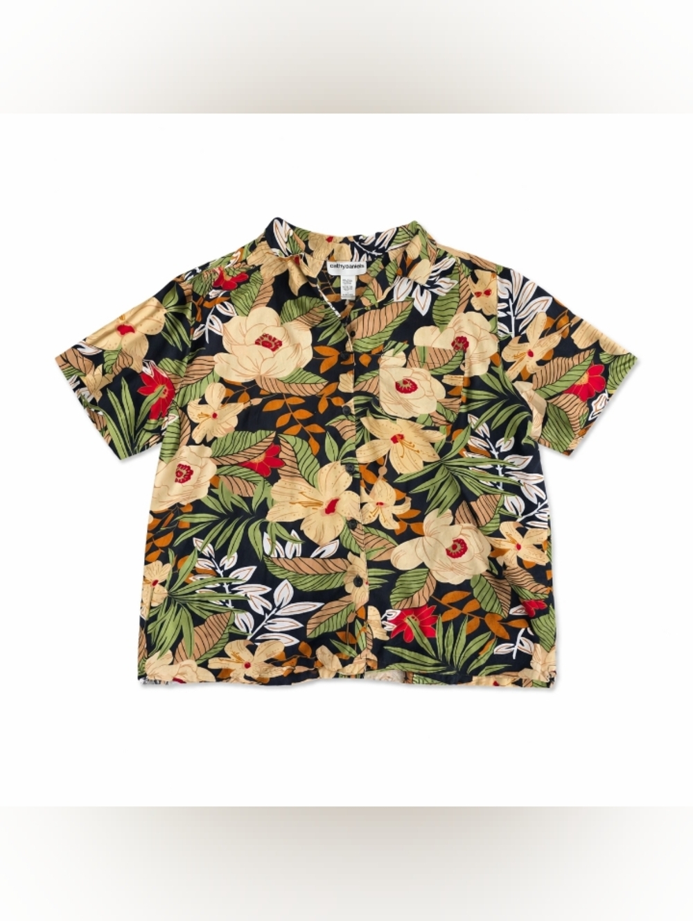 Cathy Daniels Women's Black & Tropical Floral Button-Up Shirt, Size Medium